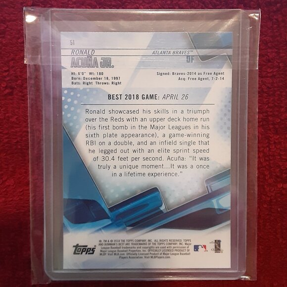 Ronald Acuna Jr. – Rookie Card - 2018 Bowman's Best – Card #51 - Picture 2 of 2